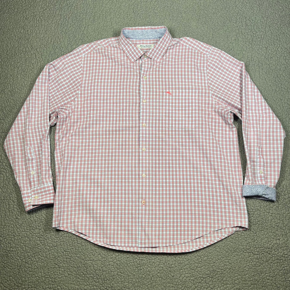 Tommy Bahama Newport Coast Shirt Mens XL Red White Plaid Pima Cotton Blend LS